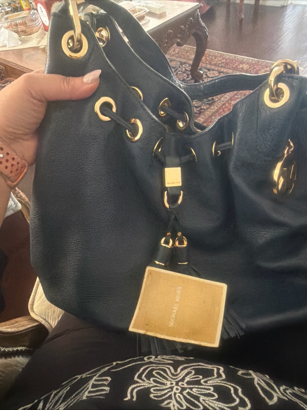 Michael Kors Navy Leather Shoulder Bag with Gold Hardware
